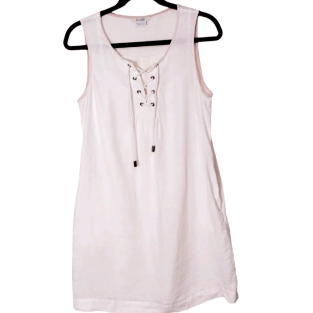 Boden Anna White 100 % Linen Sleeveless Lace Up Detail Dress Size 4 Resort Vacay